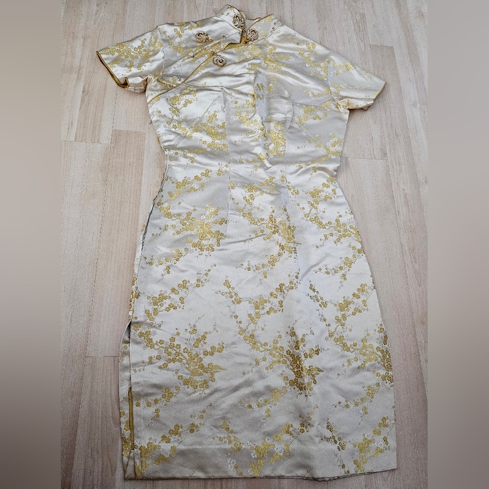 Gold Floral Brocade Chinese Qipao Dress